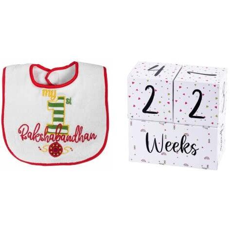 Butterthief Milestone Baby Age Blocks Capture Priceless Milestone Memorable Moments for Baby Social Media Photography Props Days,Weeks,Months, Grade, Festivals (Milestones Block + Rakhi Bib)