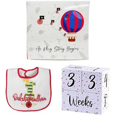 Butterthief Milestone Baby Age Blocks Capture Priceless Milestone Memorable Moments for Baby Social Media Photography Props Days,Weeks,Months, Grade, Festivals (Milestones Block + Rakhi Bib)