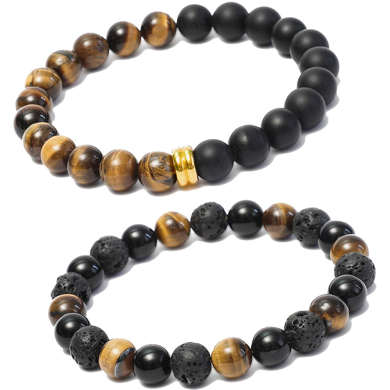 Young & Forever Gift Rakhi Gift for Brother Reiki Infused Handmade Chakra Bracelets for Women Lava Stone Semi Precious Gemstone Tiger Eye Matt Onyx Healing Crystal Bracelet for Men Value Pack of 2