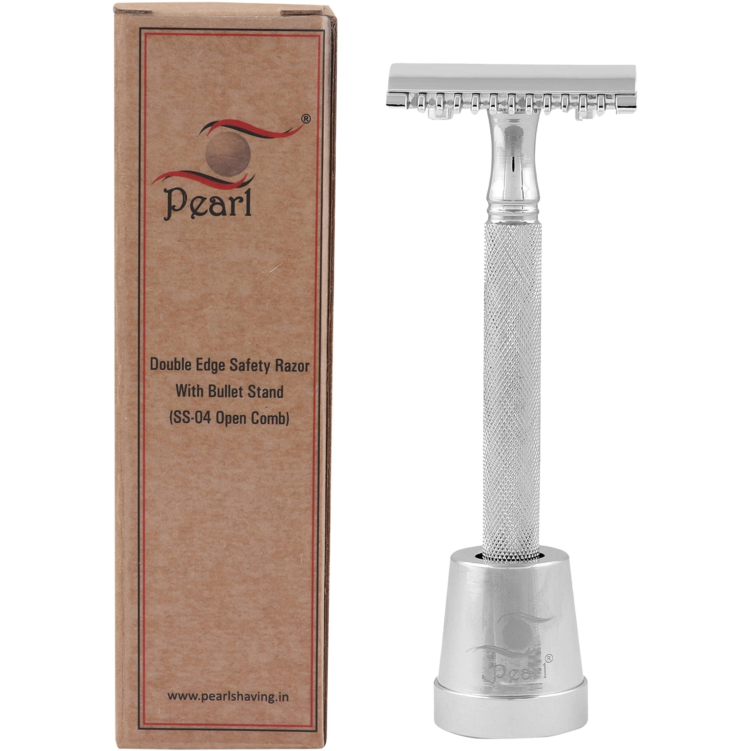 Pearl Shaving Double Edge Open Comb Safety Razor (SS-04) With Stand - Best Shaving Razor for Men | Classic & Traditional shaving Kit for Men | Premium blade razors for Rakhi Gift Option