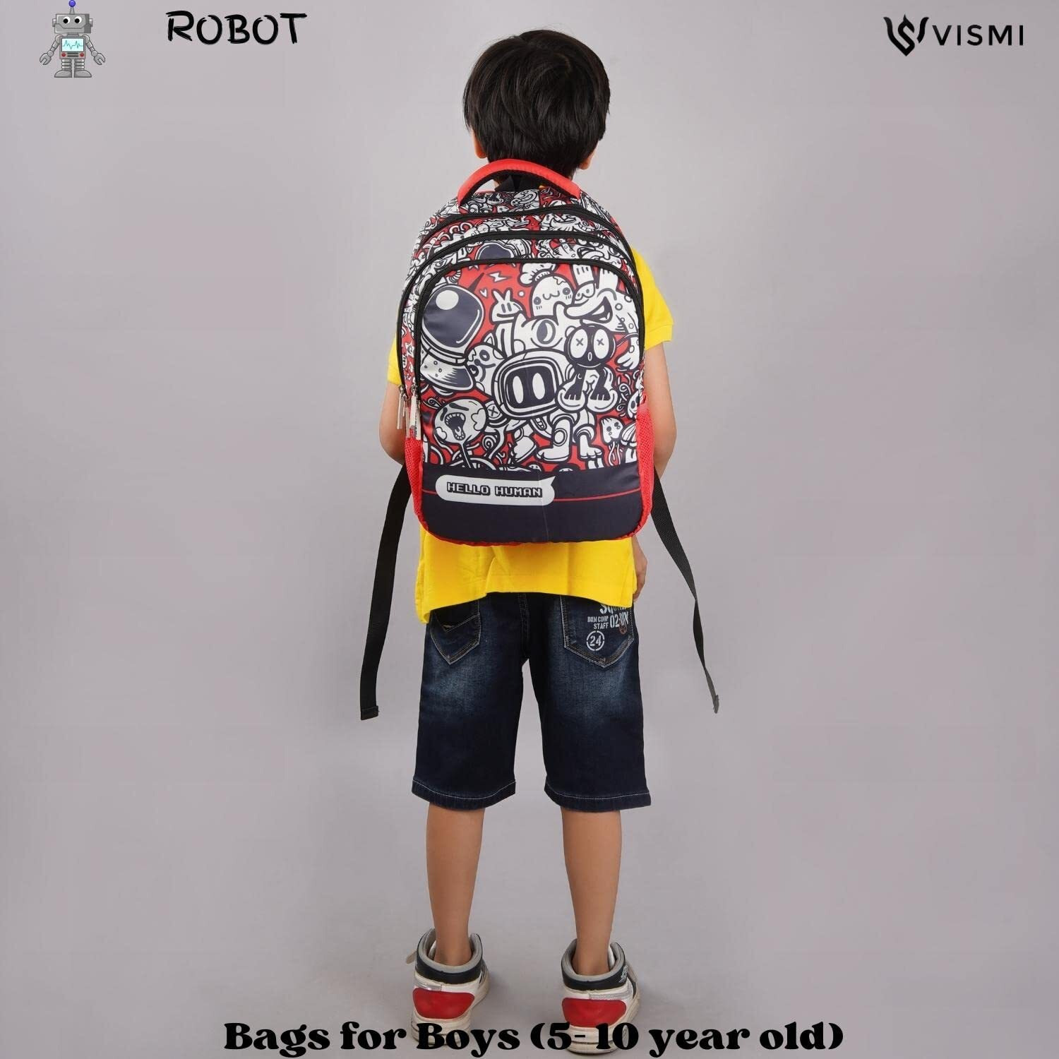 VISMIINTREND 36 liters Customized School Bags 16 Backpack for Kids Boys & Girls (5-10 Years)| Cartoon Print Daypack for Preschool, KG, Nursery, Picnic, Birthday, Rakhi gift for Sister/Brother (Robot)