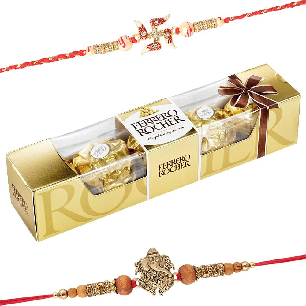 Astonished Retail Set of 2 Rakhi with 4 Pieces Ferrero Rocher | Ferrero Rocher Chocolate for Brother with Set of 2 Rakhi | Premium Rakhi Chocolate Hamper | 25