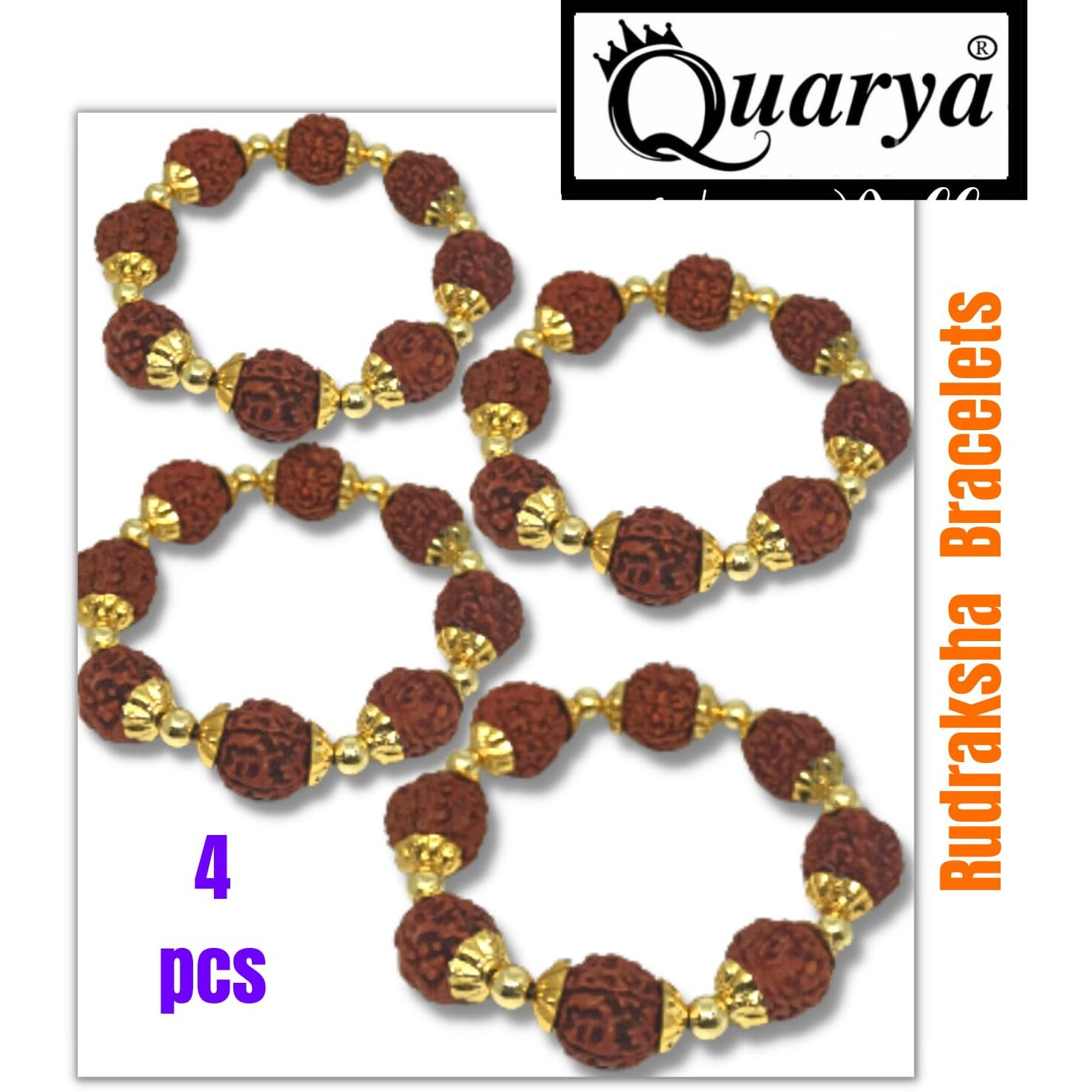 Quarya Rakhi Rudraksha Bracelet Friendship Band Stretchable Wrist Band Rudraksh Rakhi for Brother Sister with Natural 5 Mukhi Panchmukhi Rudraksh Beads for Men and Women (Combo Pack of 4 pcs)