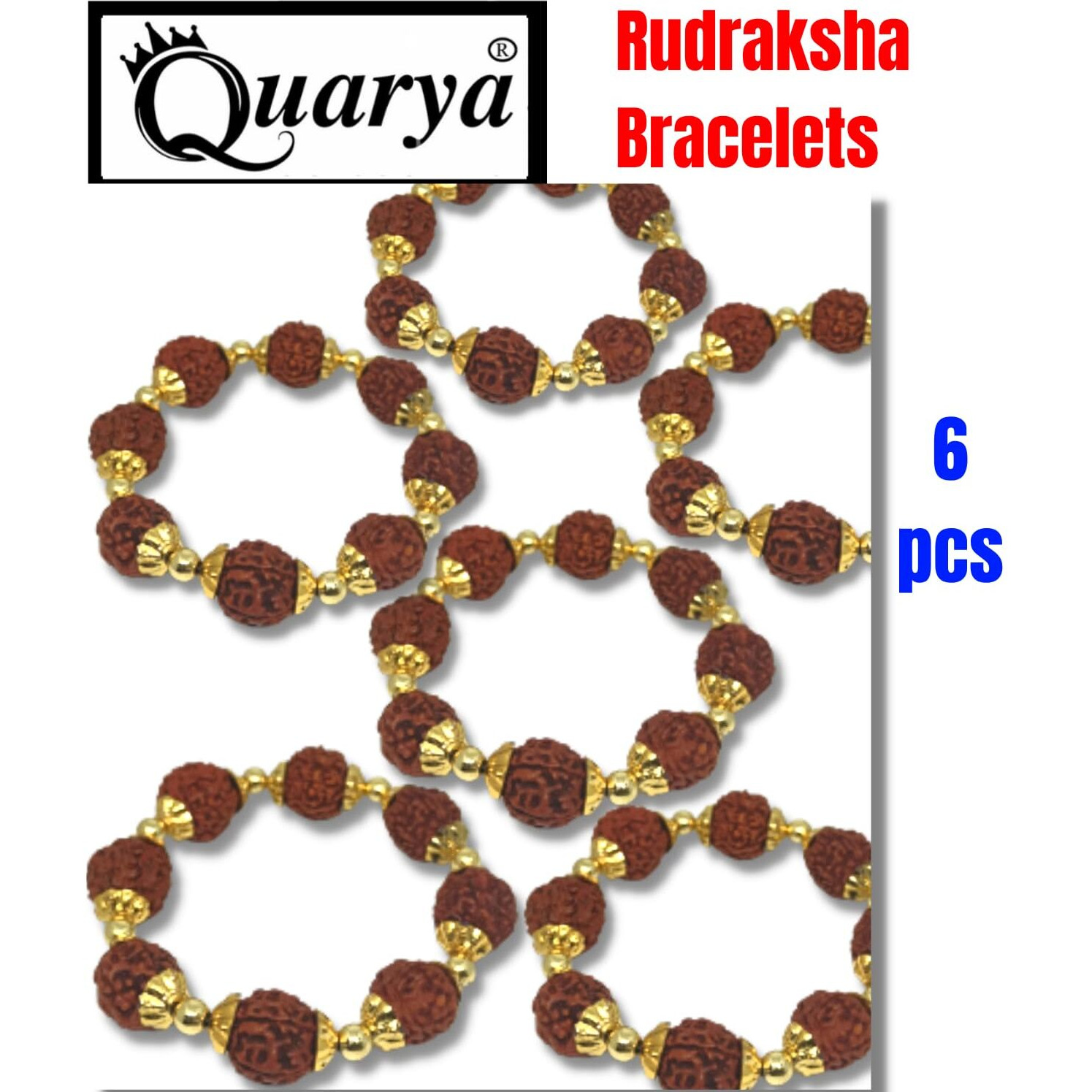 Quarya Rakhi Rudraksha Bracelet Friendship Band Stretchable Wrist Band Rudraksh Rakhis for Raksha Bandhan Brother Sister with Natural 5 Mukhi Panchmukhi Rudraksh Beads for Men and Women (Pack of 6)