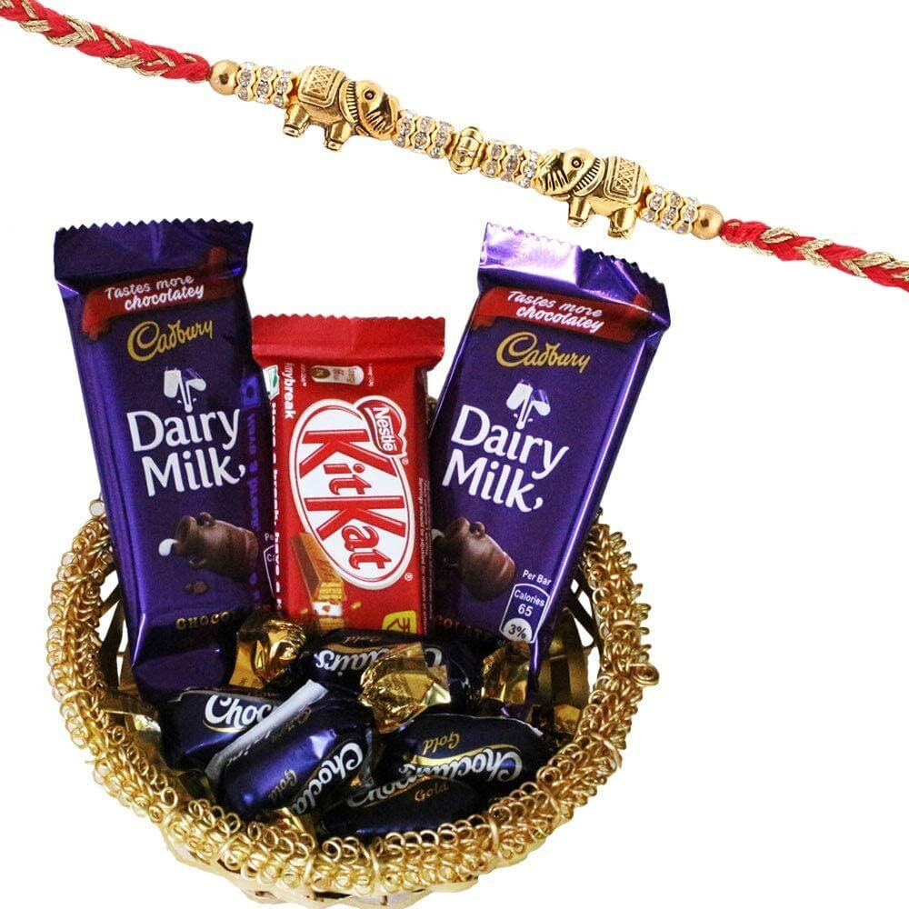 SFU E Com Premium Elephant Design Rakhi with Chocolates | Rakhi Chocolate Gift for Brother | Premium Rakhi Chocolate Basket Hamper | Roli, Chawal, Chandan, Misri | 433