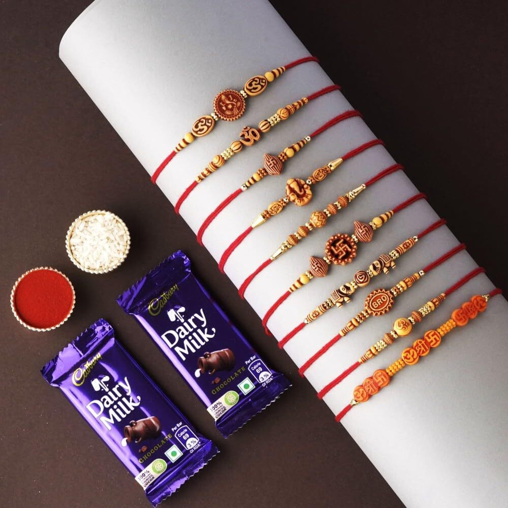 SFU E Com Premium Designer Rakhi with 2 Pieces Dairy Milk Chocolates | Set of 10 Rakhi with Chocolate Gift for Brother | Roli, Chawal, Chandan, Misri | 19