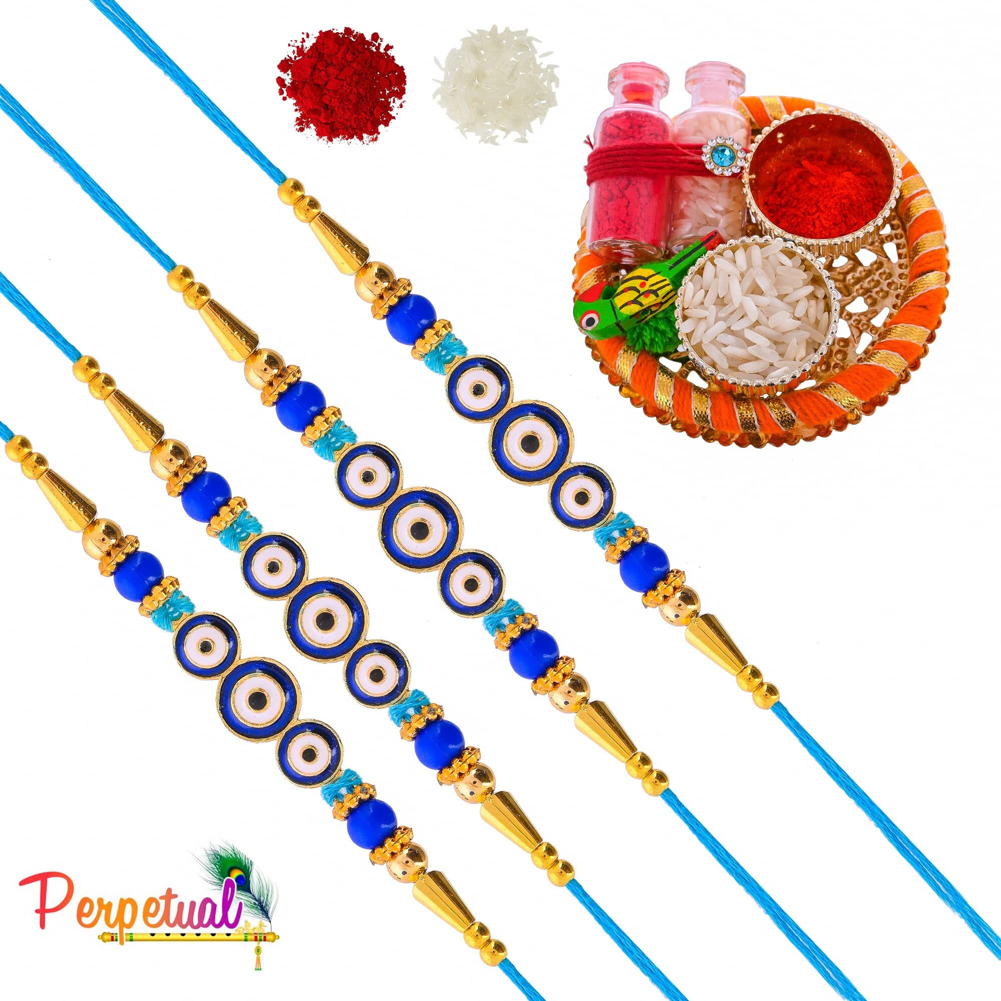 perpetual Evil Eye Rakhi For Brother And Bhabhi - Handmande Thread Rakhi Combo Set Of 4, Perfect Rakhi For Kids Boy With Roli Chawal Hamper