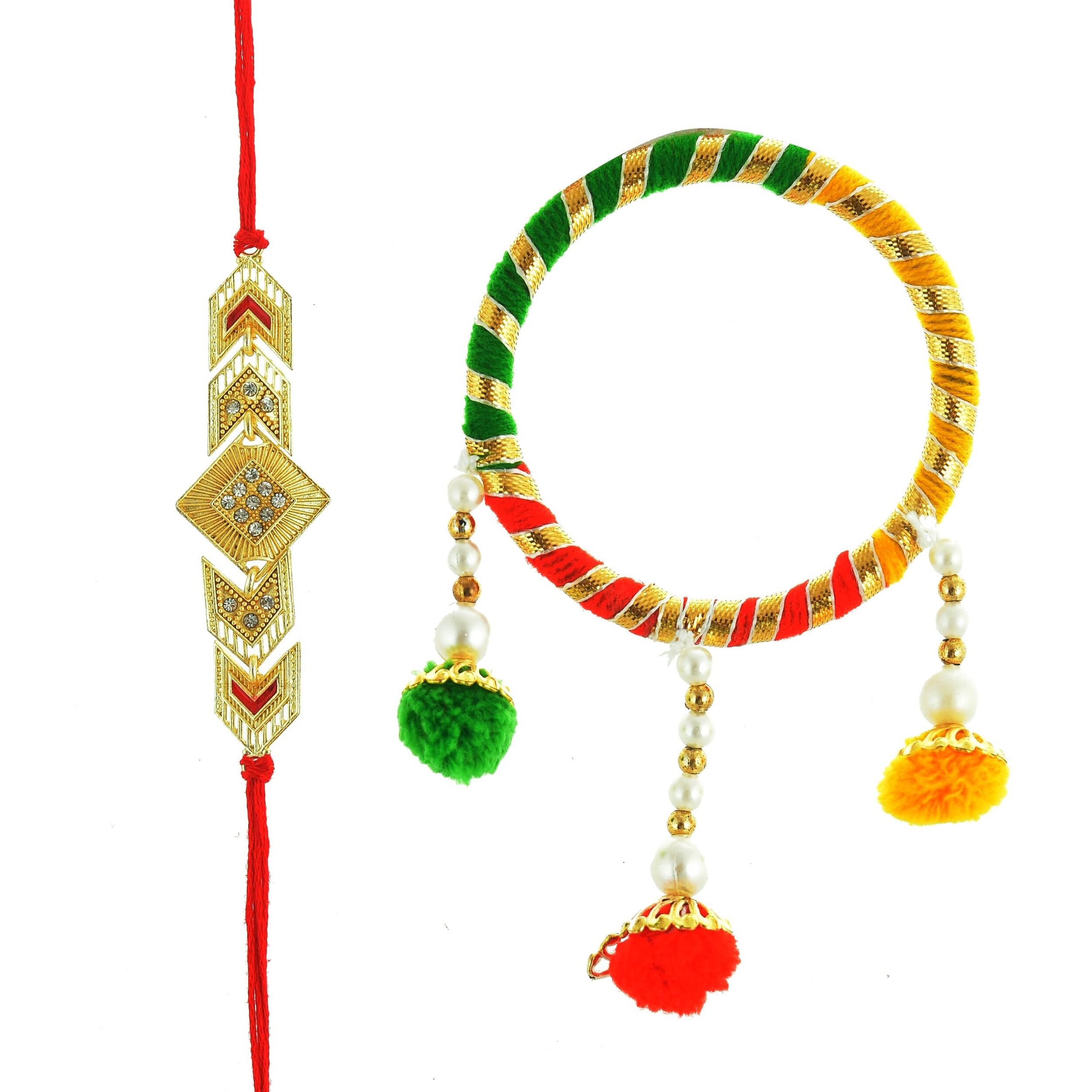 INDI ART RAKHI SET for BHAIYA and BHABHI JI || GOLDEN RAKHI with 3 TOPI KADA SET (Set of 2) - Prime