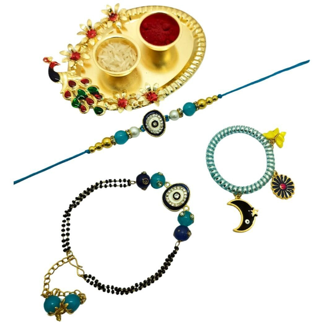 Alaukik Handmade Evil Eye Couple Rakhi with Girls Baby Designer Bracelet Protect From Negative Energy Unisex Evil Eye Rakhi set of 4 with Pooja Thali Roli and Chawal