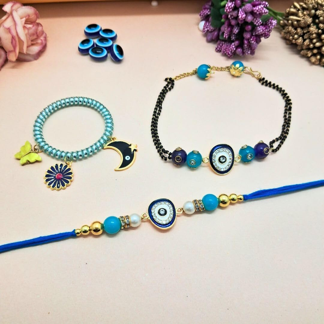 Alaukik Handmade Evil Eye Couple Rakhi with Girls Baby Designer Bracelet Protect From Negative Energy Unisex Evil Eye Rakhi set of 4 with Pooja Thali Roli and Chawal