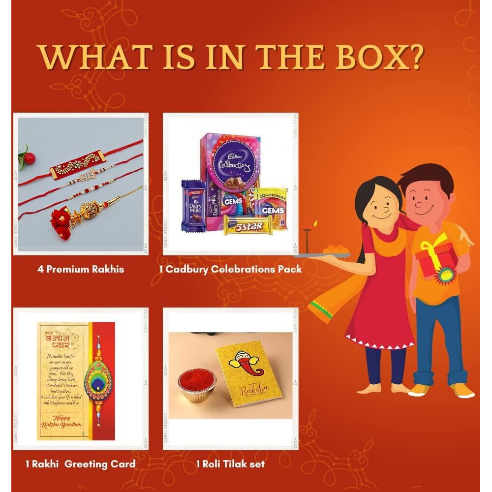 CraftVatika Premium Kundan Rakhi Set of 4 with Cadbury Celebration Chocolates Gift Pack Box, Set of 4 Rakhis For Bhaiya Bhabhi Kwith Rakshabandhan Greeting Card,Lumba Rakhi for Bhabhi