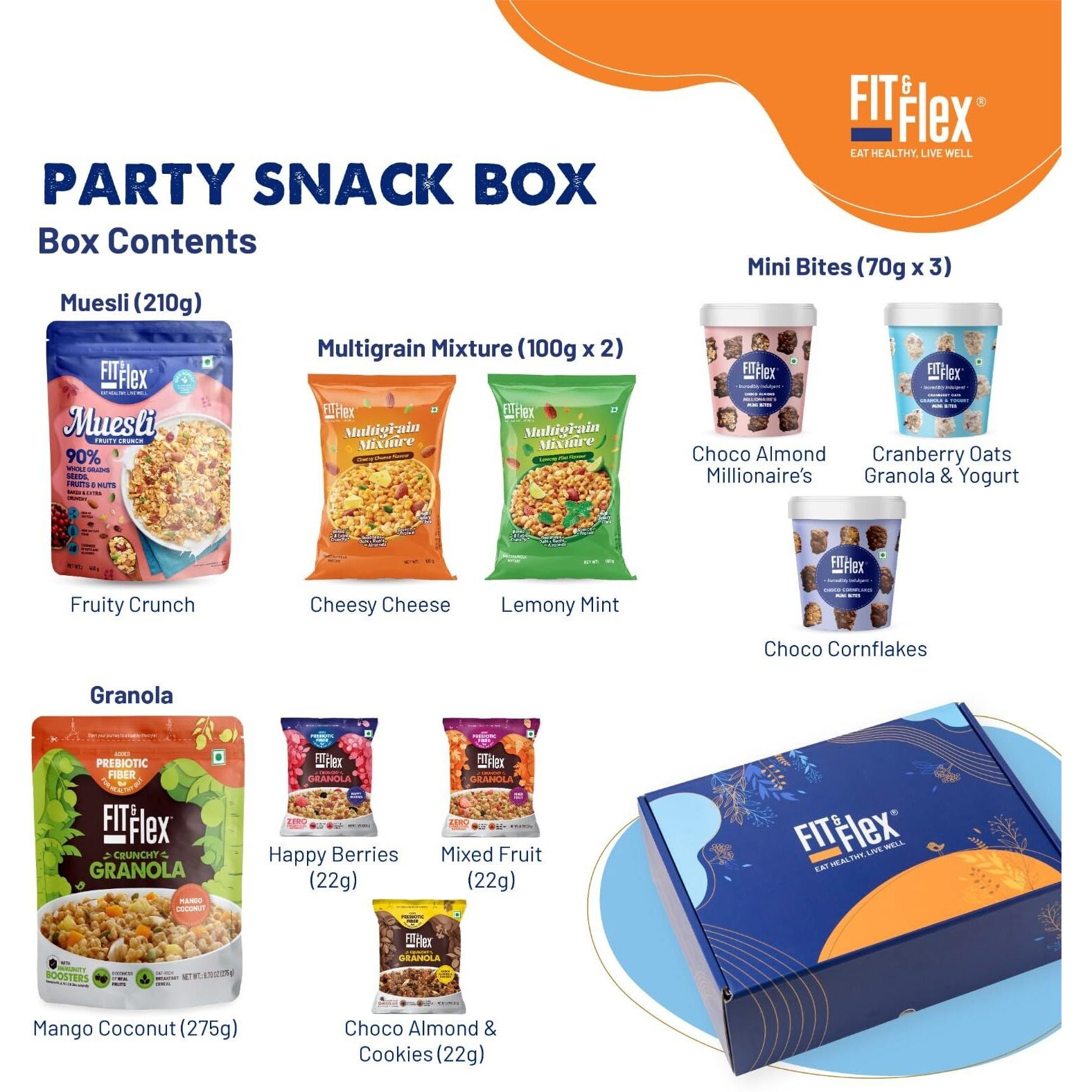 Fit & Flex Healthy Gift Box For Rakhi, Assorted Pack of Premium Snacks (Granola, Muesli, Chocolates & Namkeen) - As Seen on Shark Tank India - Pack of 10