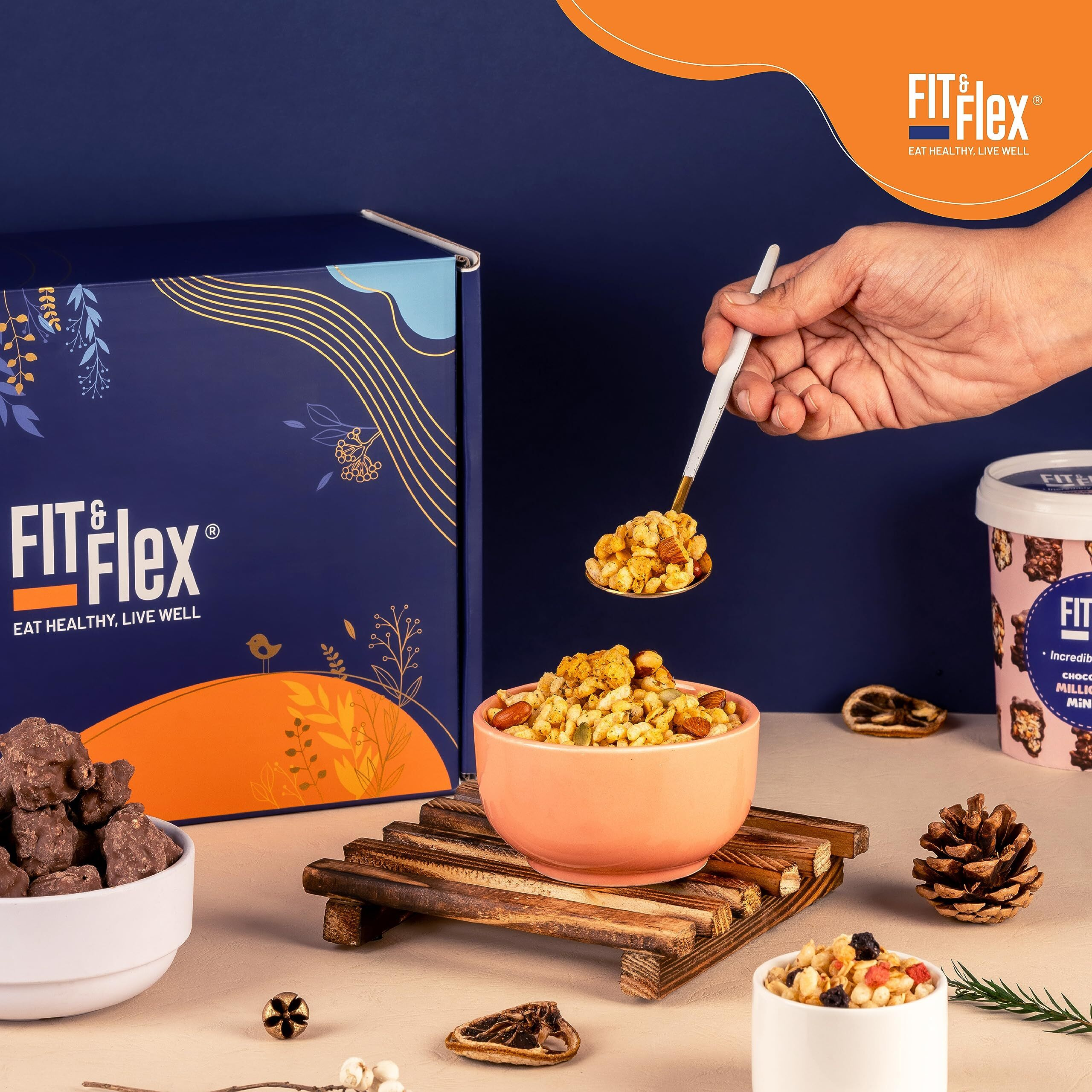 Fit & Flex Healthy Gift Box For Rakhi, Assorted Pack of Premium Snacks (Granola, Muesli, Chocolates & Namkeen) - As Seen on Shark Tank India - Pack of 10