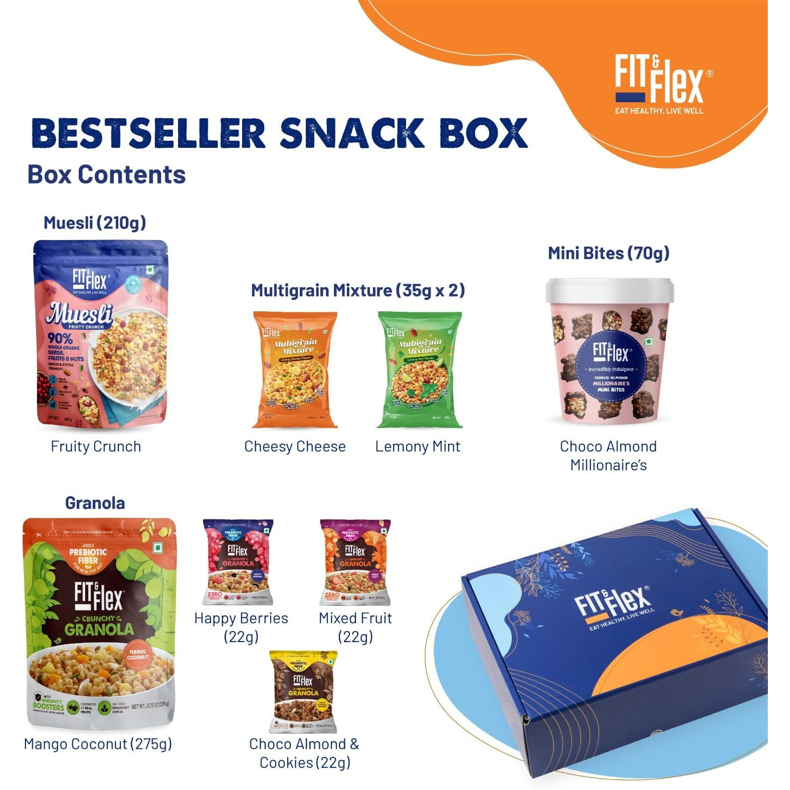 Fit & Flex Healthy Gift Box For Rakhi, Assorted Pack of Premium Snacks (Granola, Muesli, Chocolates & Namkeen) | As Seen on Shark Tank India | Pack of 8