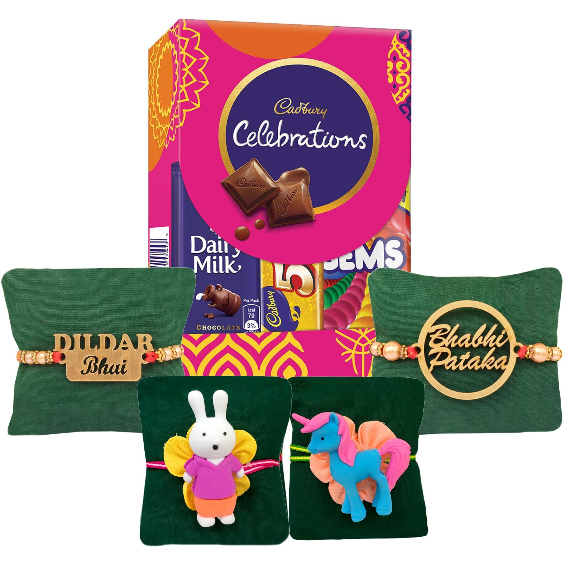 CLUZE Rakhi for Brother Bhabhi and Kid combo Set of 4 - Bhaiya Bhabhi Rakhi gift Hamper - Cartoon Rakhi with Celebration Chocolate