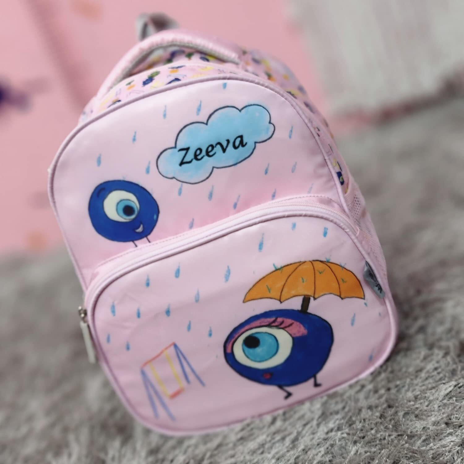 VISMIINTREND Customized Pink School Bags 13 Backpacks for Kids Boys & Girls (1-4 Years) | Cartoon Print Daypack for Preschool, KG, Nursery, Picnic, Birthday, Rakhi gift for Sister/Brother (Evil Eye)