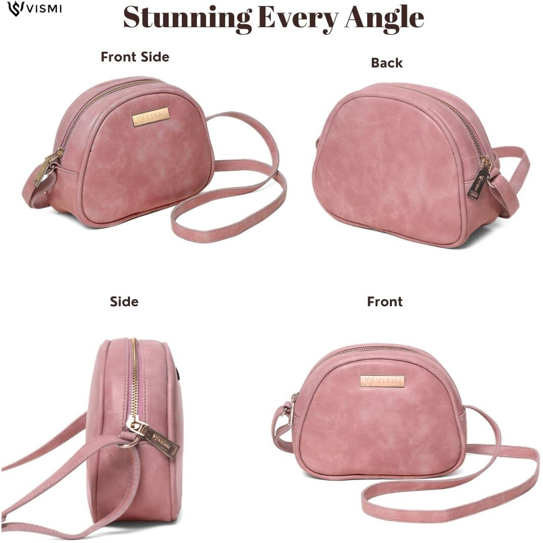 VISMIINTREND Stylish Leather Half Moon Pink Sling Bag for Women & Girl | Versatile Crossbody Sling Bags for Woman & Girls, Side Shoulder Purse for Party, Travel, College, Gift for Birthday & Rakhi