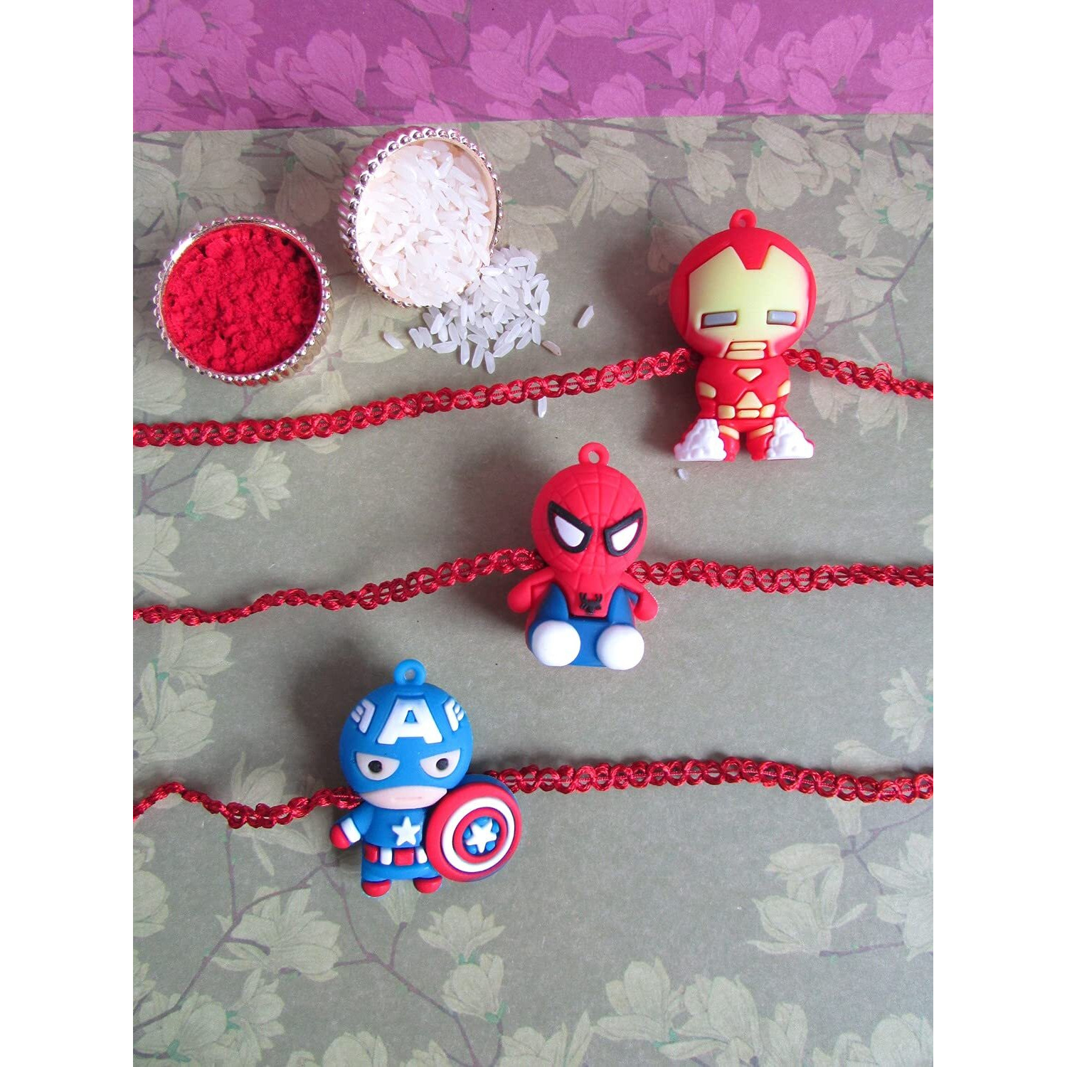 thriftkart 3Pc Avengers Character Rakhi For Kids- Iron Maan | Spidrman | Capten America | Best Rakhi Gift For Brother Sister And Cousins With Roli Chawal