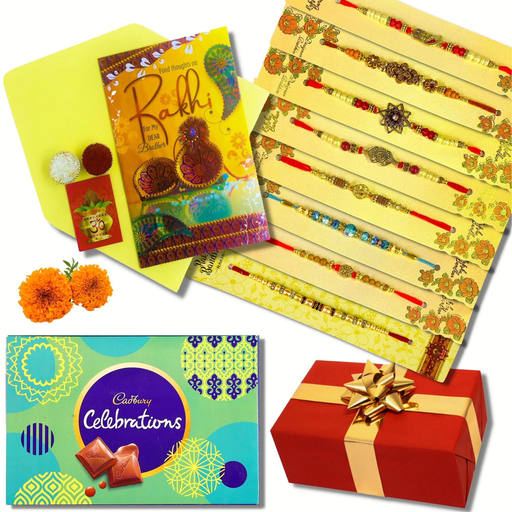 Almoda Creations Rakhi Gift Hamper For Brother 8 Pieces Panchdhatu Handpicked Rakhi with Personalized Message Rakhi Greeting Card, Chocolates, Roli Moli, Kalawa & Rakhi Gift Box