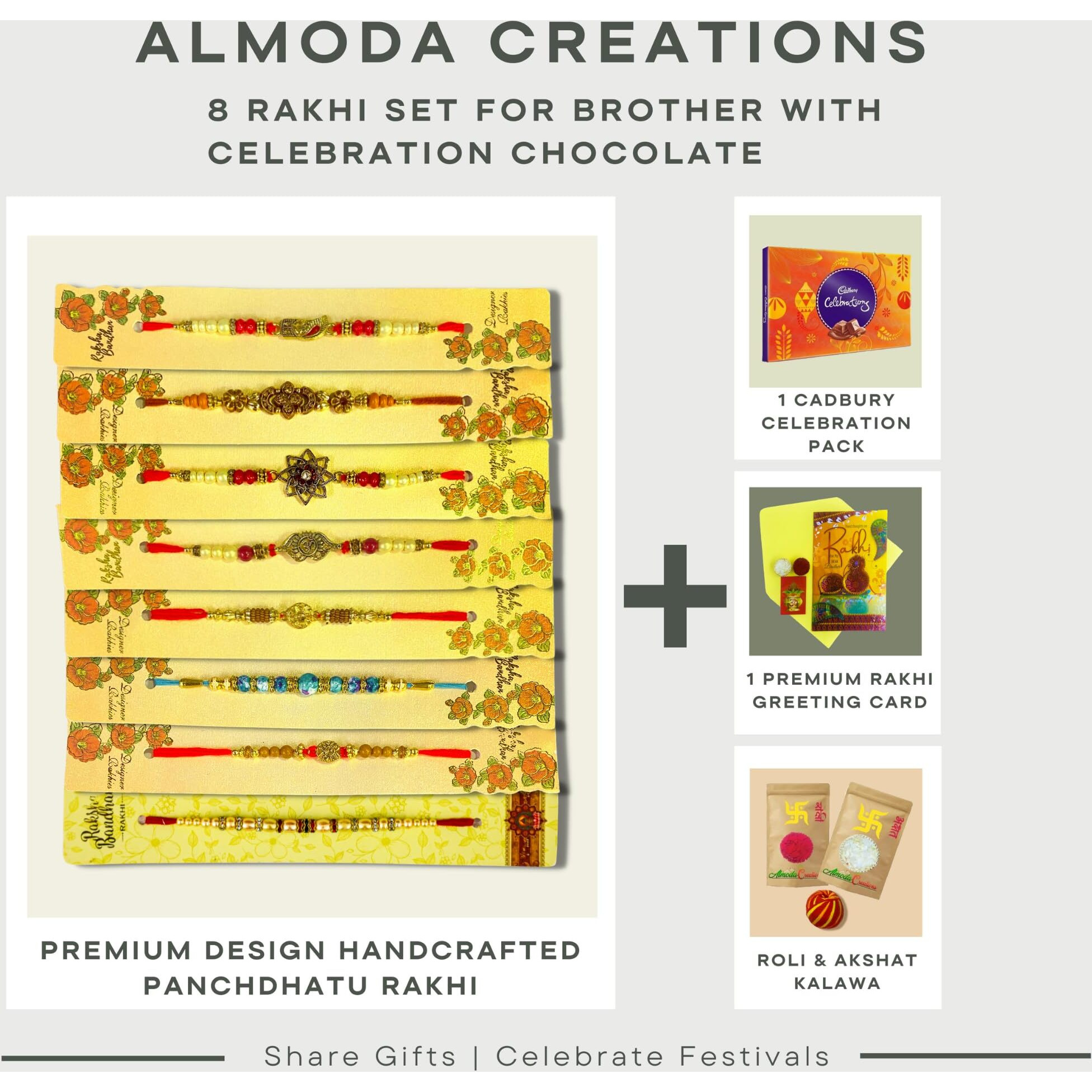 Almoda Creations Rakhi Gift Hamper For Brother 8 Pieces Panchdhatu Handpicked Rakhi with Personalized Message Rakhi Greeting Card, Chocolates, Roli Moli, Kalawa & Rakhi Gift Box