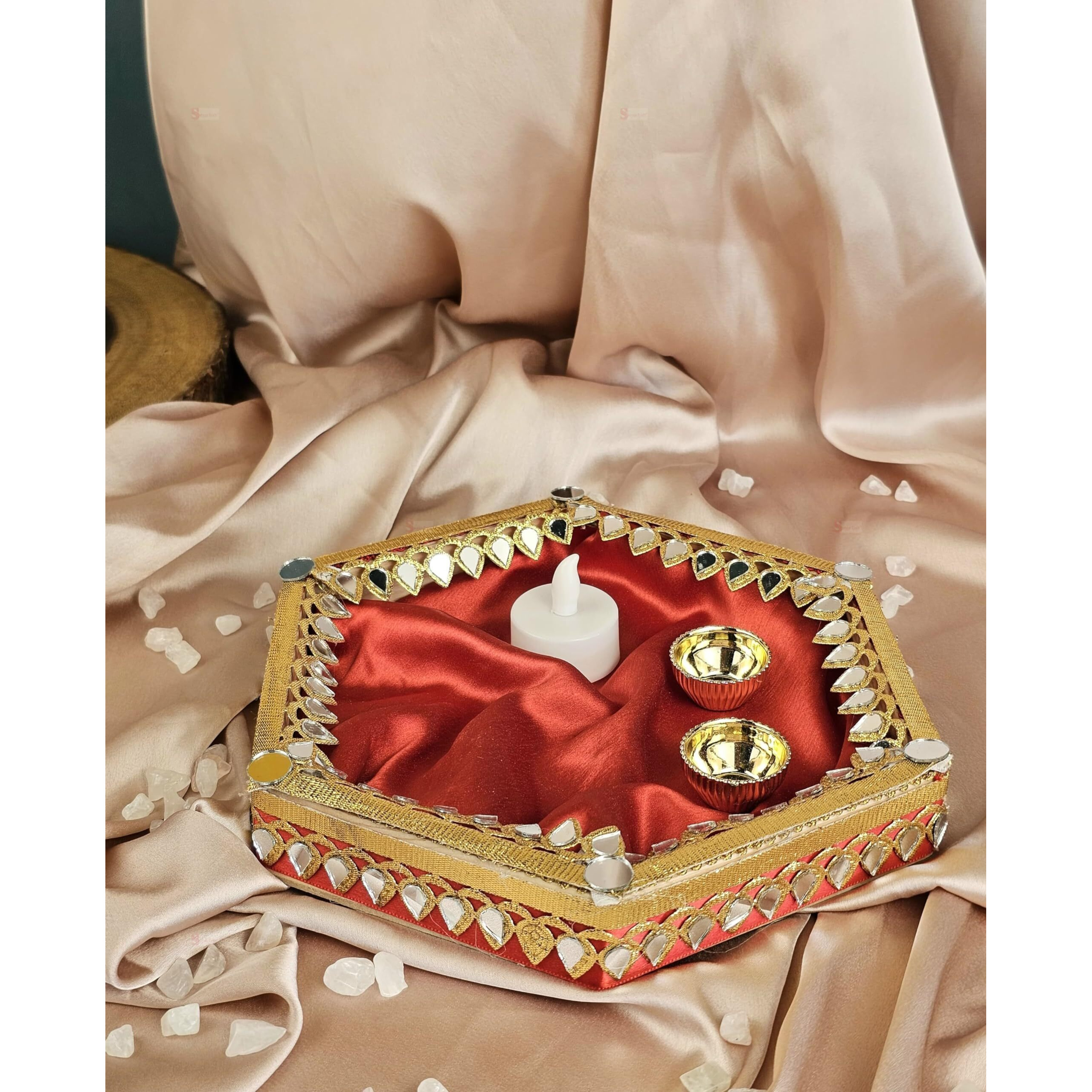 SATYAM KRAFT 1 Pc Handcrafted Hexagon Platter Rakhi - Pooja Thali-Ideal for Rakshabandhan, Shaadi Decor, Marriage, Handmade Decorative Plates for Brides Maid, Bride-Groom Wedding Functions(Model G)