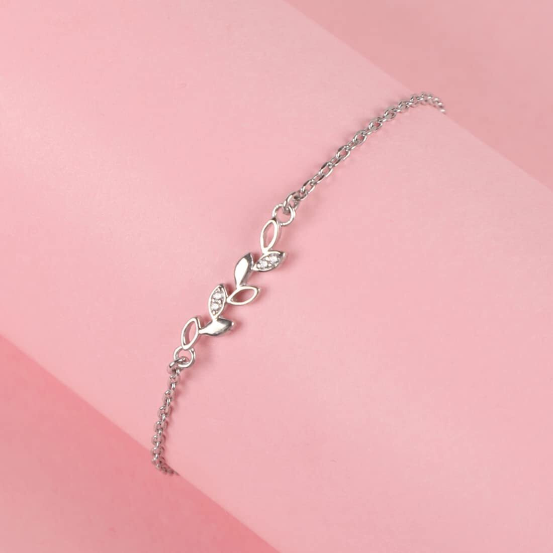 Clara 925 Sterling Silver Leaf Bracelet, Rakhi for Bhabhi | Adjustable, Rhodium Plated, Swiss Zirconia | Gift for Women and Girls