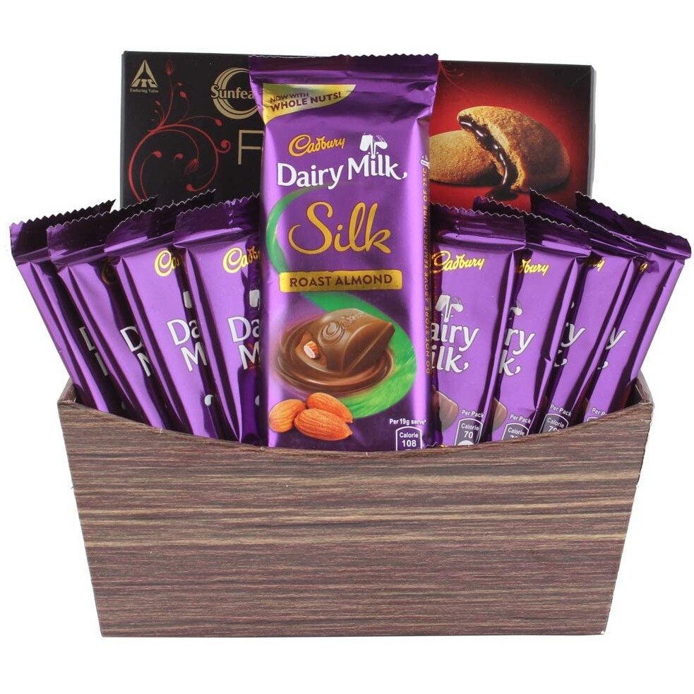 Astonished Retail Creamy Dairy Milk Silk with Chocolaty Dark Fantasy Dairy Milk Chocolate Basket Chocolate Gift Hamper for Holi, Rakhi, Christmas, Birthday, Anniversary, Diwali, 1 Count,355 Grams