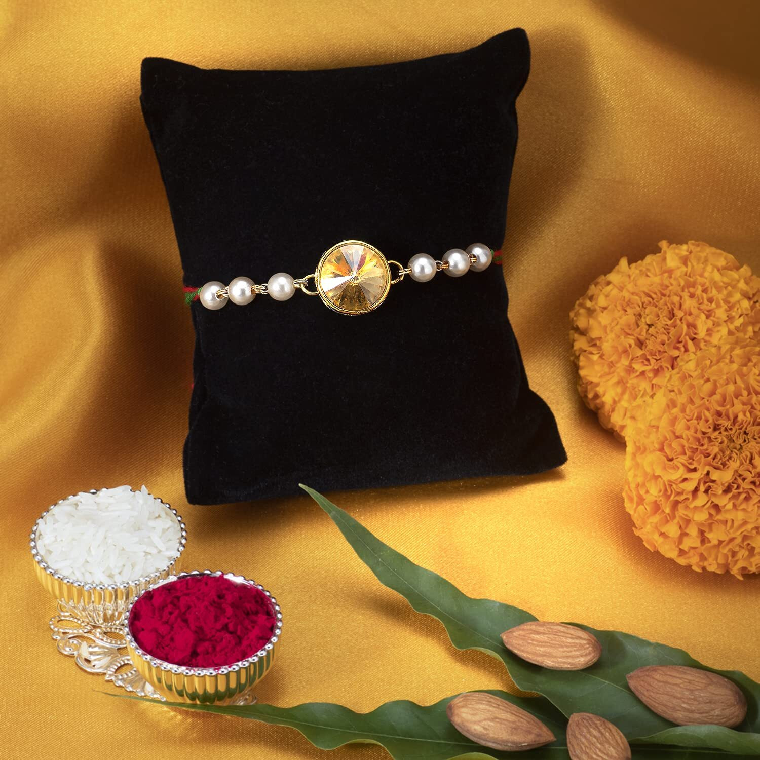 Peora Crystal Stone and Beads Rakhi for Brother with Raksha Bandhan Greeting Card & Roli Chawal For Men