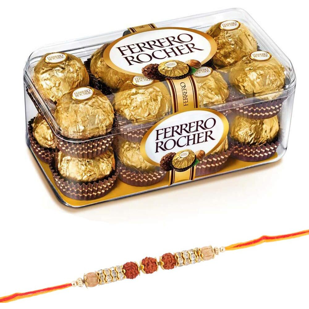 SFU E Com 16 Pieces Ferrero Rocher with Rakhi | Rakhi with Ferrero Rocher Chocolates | Rakhi Chocolate for Brother | Roli, Chawal, Chandan, Misri | 111