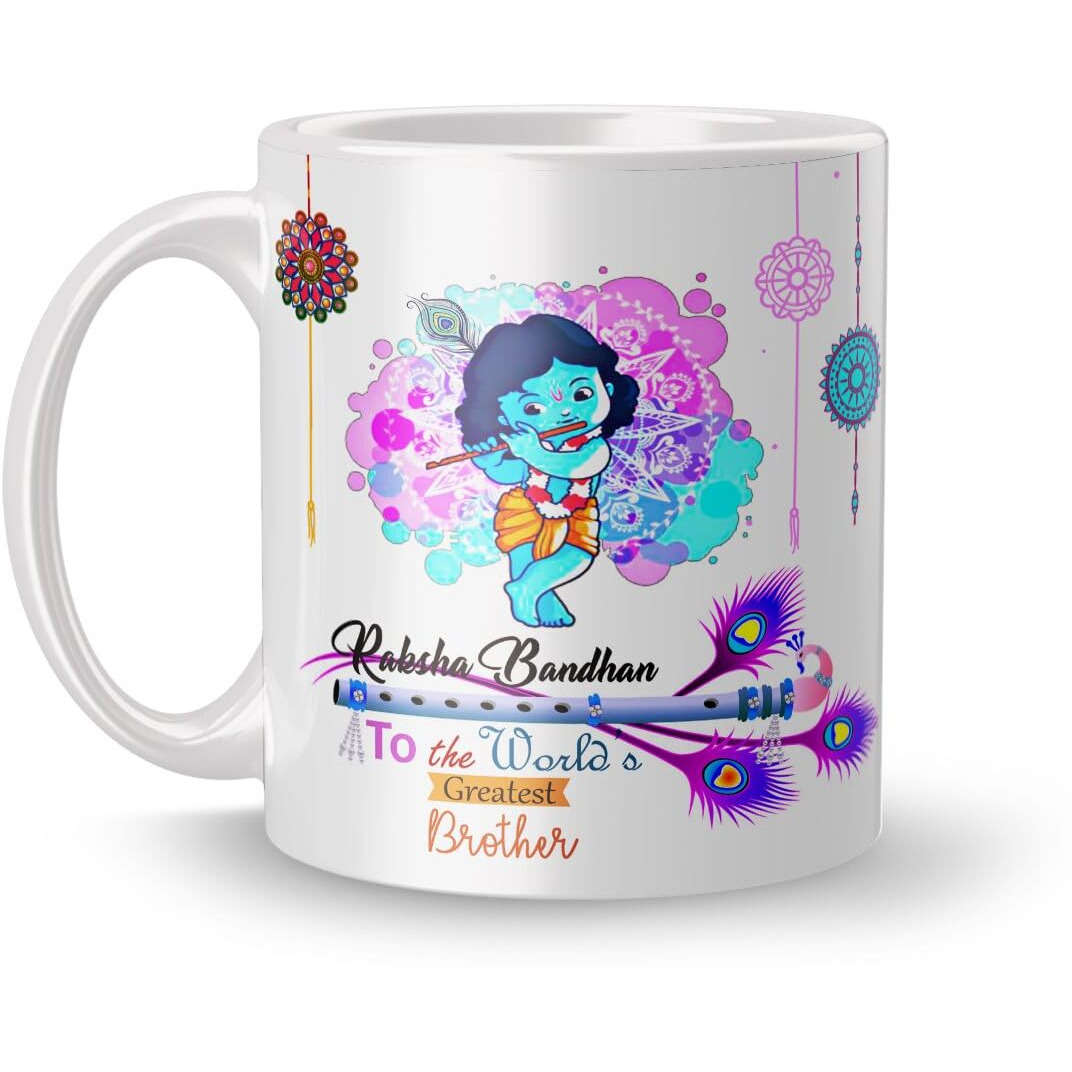 nawema Krishna Mug & Rakhi Gift Set for Brother, Rakhi Gift, Sister Gift with Glossy Printed Ceramic Coffee Mug - White, 320|ML (White 5)