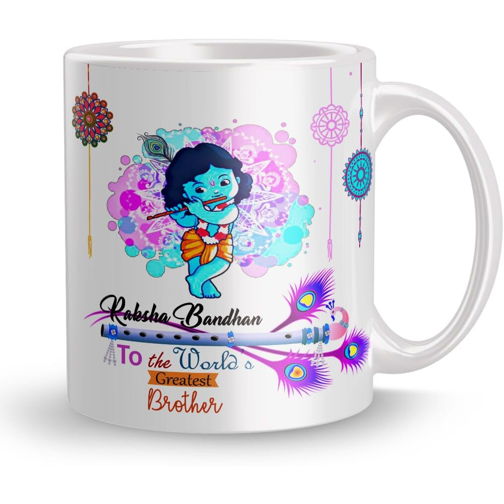 nawema Krishna Mug & Rakhi Gift Set for Brother, Rakhi Gift, Sister Gift with Glossy Printed Ceramic Coffee Mug - White, 320|ML (White 5)