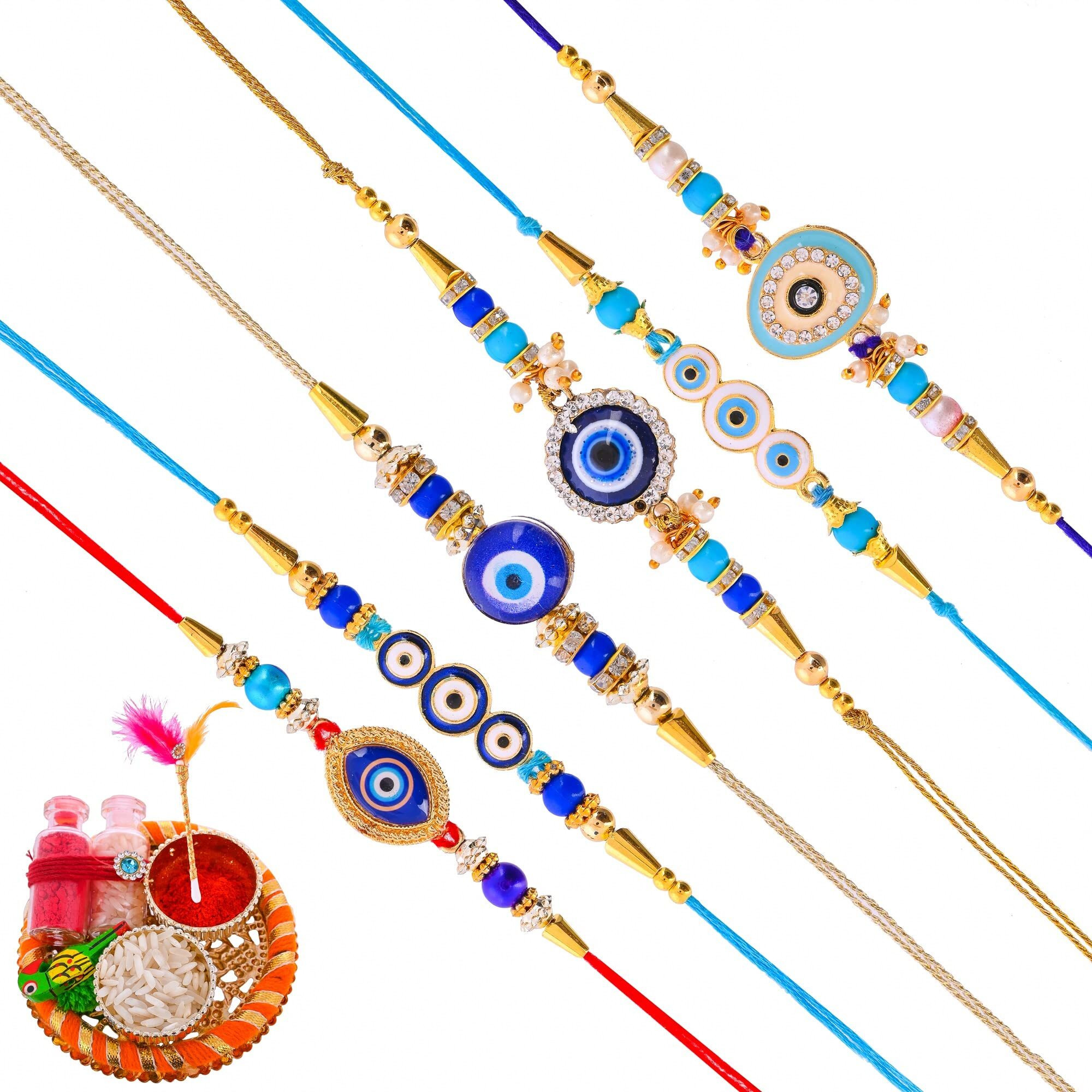 perpetual Evil Eye Rakhi For Brother And Bhabhi - Handmande Thread Rakhi Combo Set Of 6, Perfect Rakhi For Kids Boy With Roli Chawal Hamper