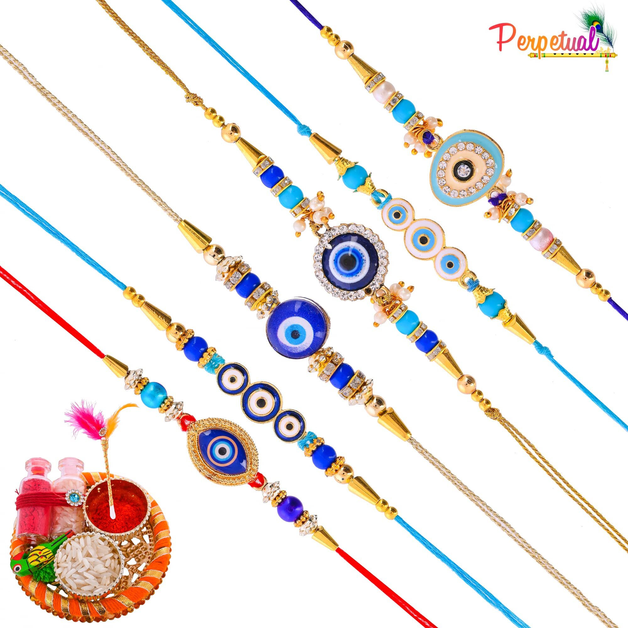 perpetual Evil Eye Rakhi For Brother And Bhabhi - Handmande Thread Rakhi Combo Set Of 6, Perfect Rakhi For Kids Boy With Roli Chawal Hamper