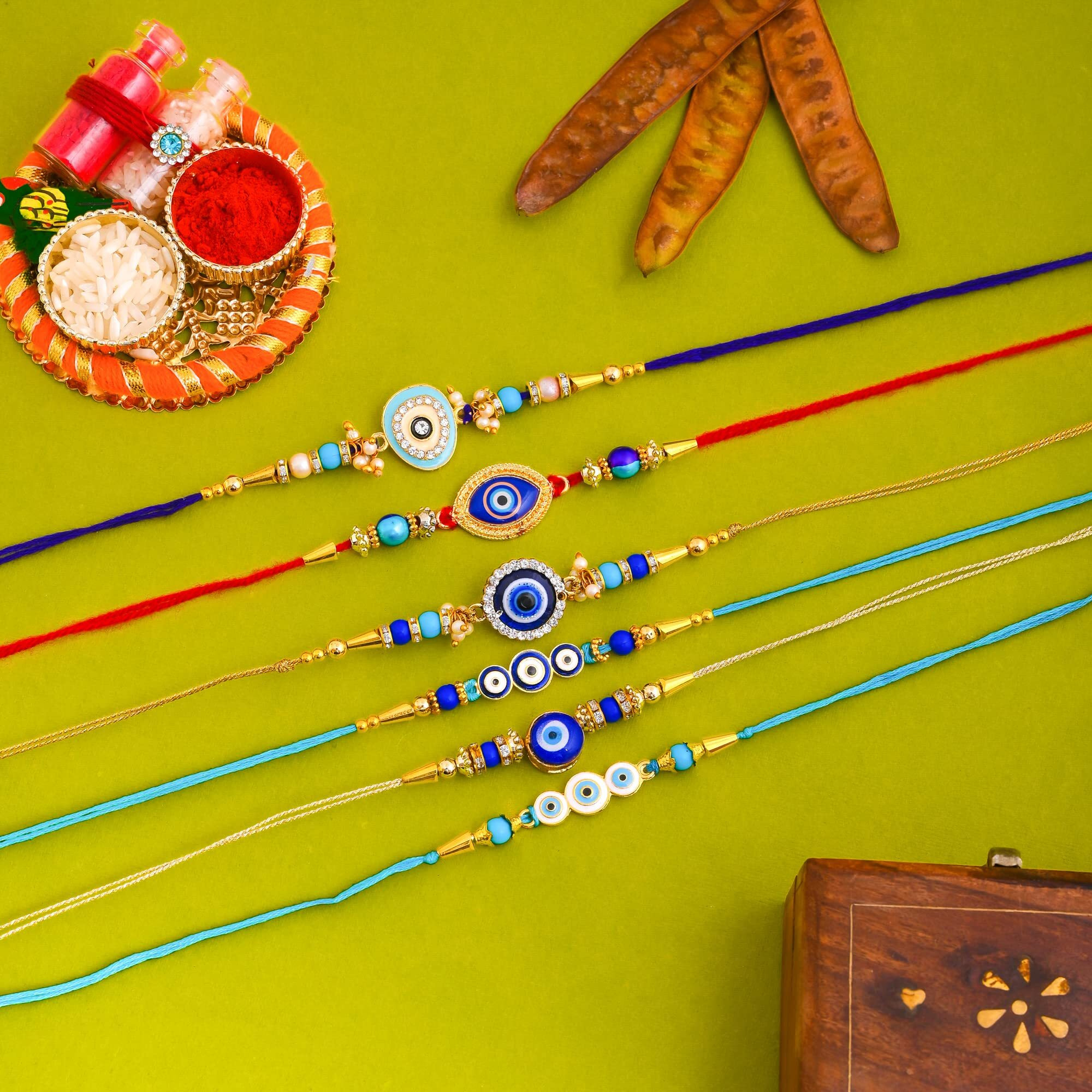 perpetual Evil Eye Rakhi For Brother And Bhabhi - Handmande Thread Rakhi Combo Set Of 6, Perfect Rakhi For Kids Boy With Roli Chawal Hamper