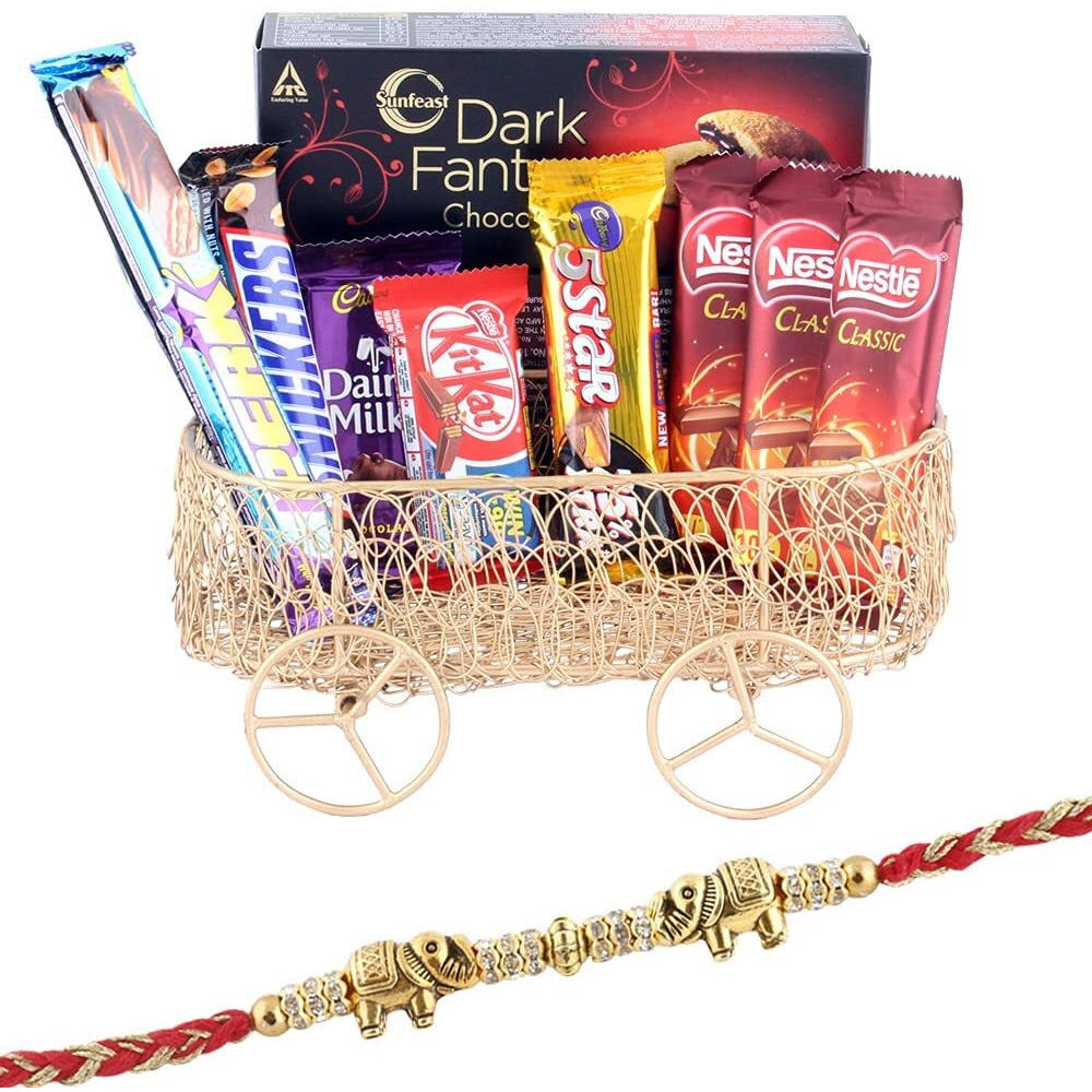 Astonished Retail Chocolates Gift Hamper with Buggy Basket | Rakhi Chocolate for Brother | Rakhi Chocolate Hamper | Roli, Chawal, Chandan, Misri | 984