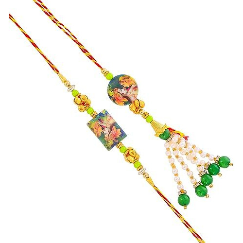 Perpetual Rakhi Idol for Home Dcor - Radha Krishna Showpiece Gift Combo with Rakhi for Brother and Bhabhi, Bhai Rakhi, lumba Rakhi, Greeting Card with Best Wishesh