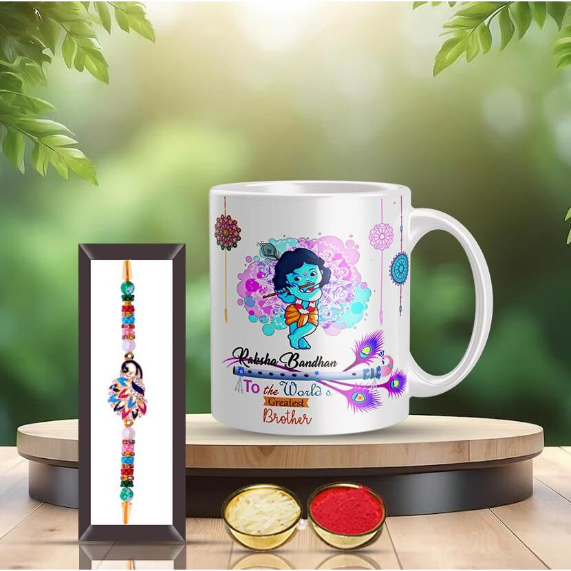 nawema Krishna Mug & Rakhi Gift Set for Brother, Rakhi Gift, Sister Gift with Glossy Printed Ceramic Coffee Mug - White, 320|ML (White 2)