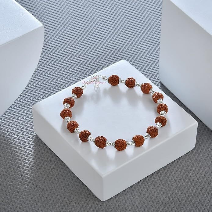 DHRUVS COLLECTION 925 Silver Rudraksha Bracelet With Flower Caps for Boys, Girls, Men & Women | Traditional Rakshabandhan Rakhi For Brother & Bhabhi, Ideal For Casual Wear