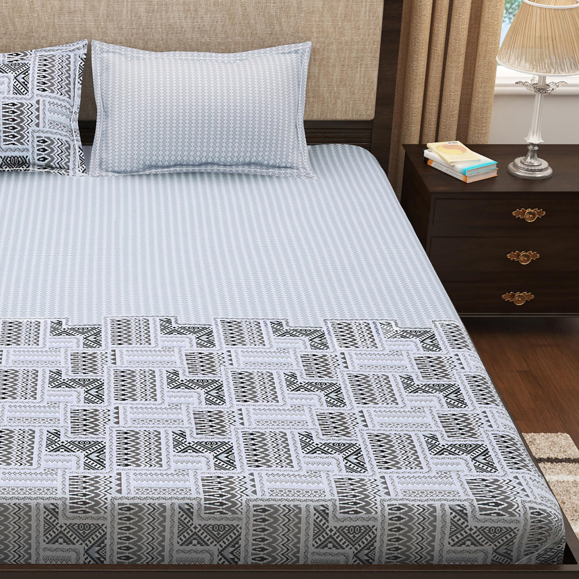 Story@Home 300 TC Tevel Collection King Size Bedsheet Cotton with Two Pillow Covers, Grey, Pattern Geometric- Gift Item- Rakhi, Rakshabandan