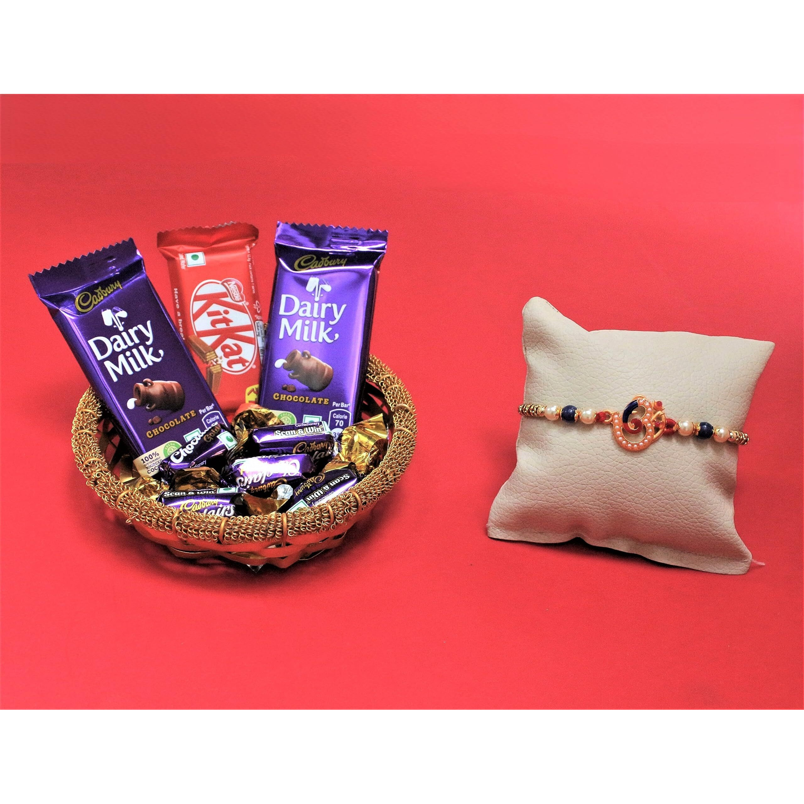 SFU E Com Auspicious Om Rakhi with Chocolates | Rakhi Chocolate Gift for Brother | Premium Rakhi Chocolate Hamper | Roli, Chawal, Chandan, Misri | 032