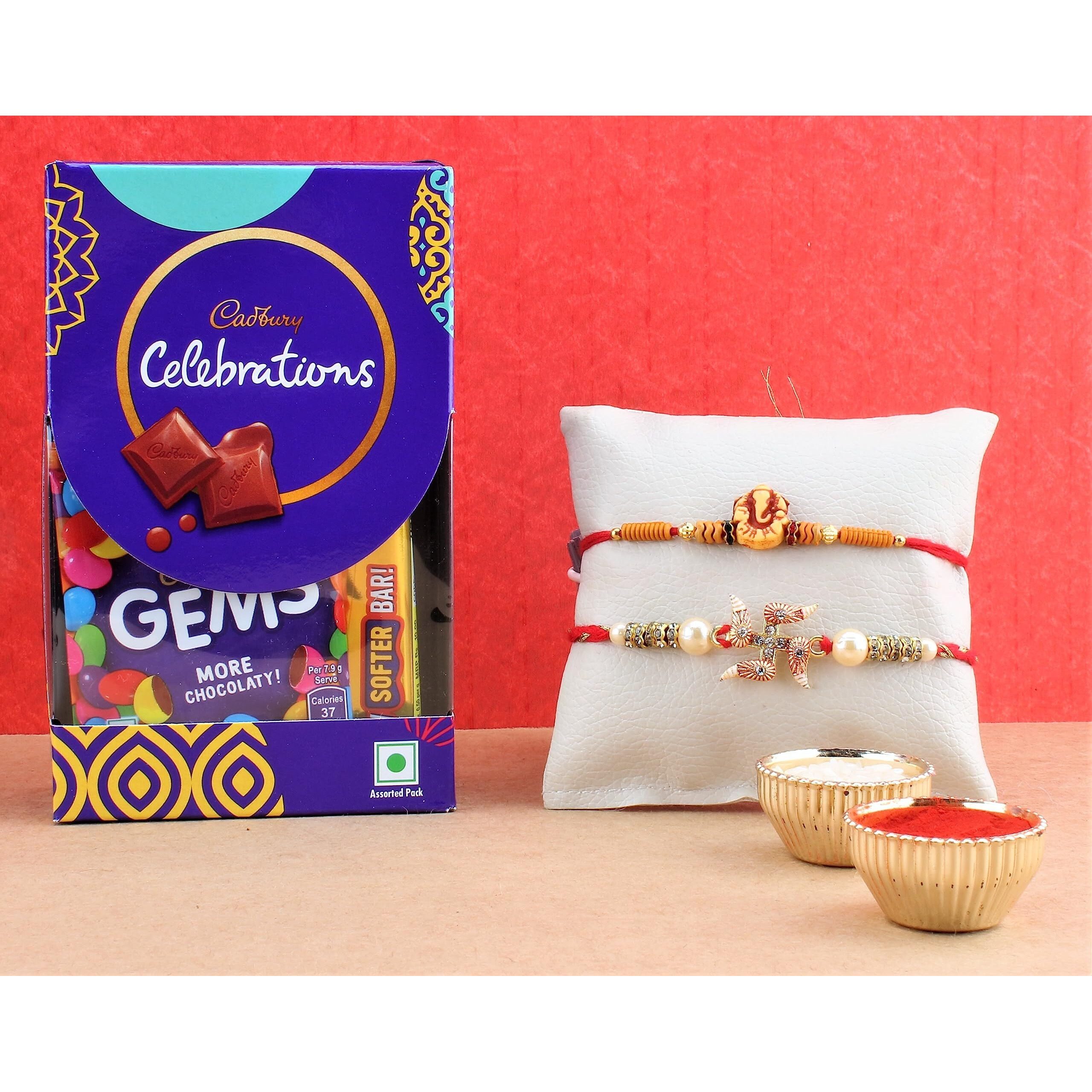 SFU E Com Cadbury Celebration Chocolates | Set of 2 Rakhi with Chocolates | Rakhi Cadbury Chocolate Hamper | Roli, Chawal, Chandan, Misri | 010