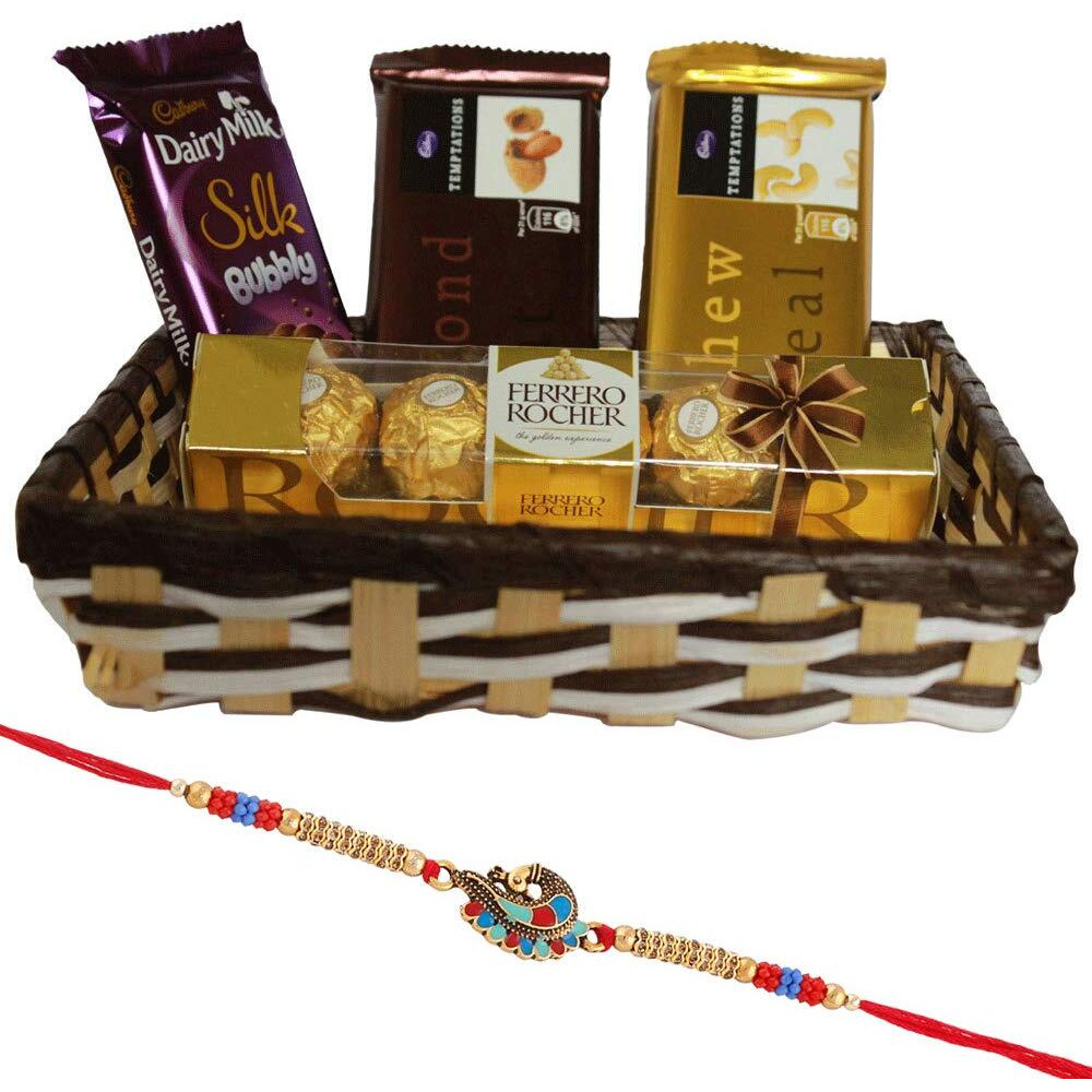 SFU E Com Peacock Rakhi with Chocolates | Rakhi Chocolate Gift for Brother | Premium Rakhi Chocolate Basket Hamper | Roli, Chawal, Chandan, Misri | 415