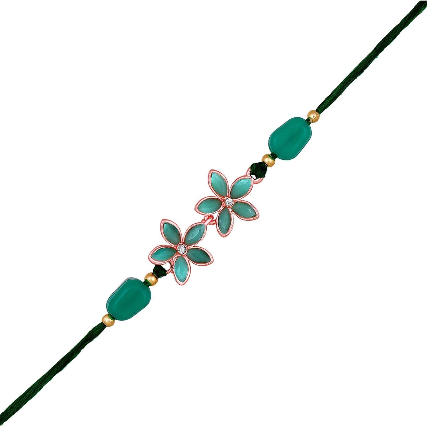 Mahi Rose Gold Plated Green Crystals Floral Lumba Rakhi for Brother (RA1100715ZGre)