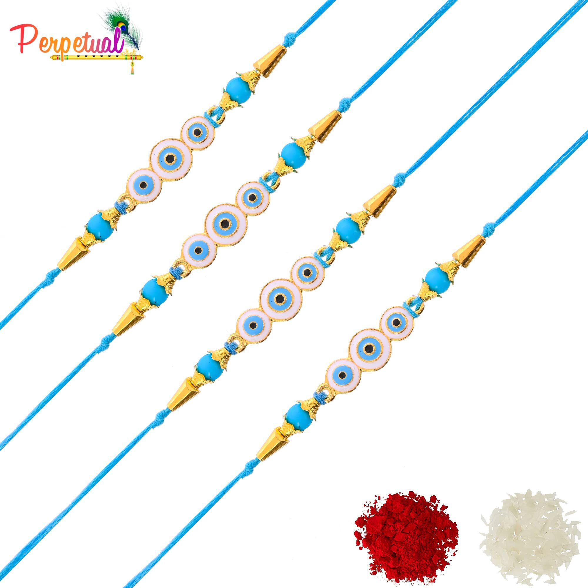 perpetual Evil Eye Rakhi For Brother And Bhabhi - Handmande Thread Rakhi Combo Set Of 4, Perfect Rakhi For Kids Boy With Roli Chawal Hamper