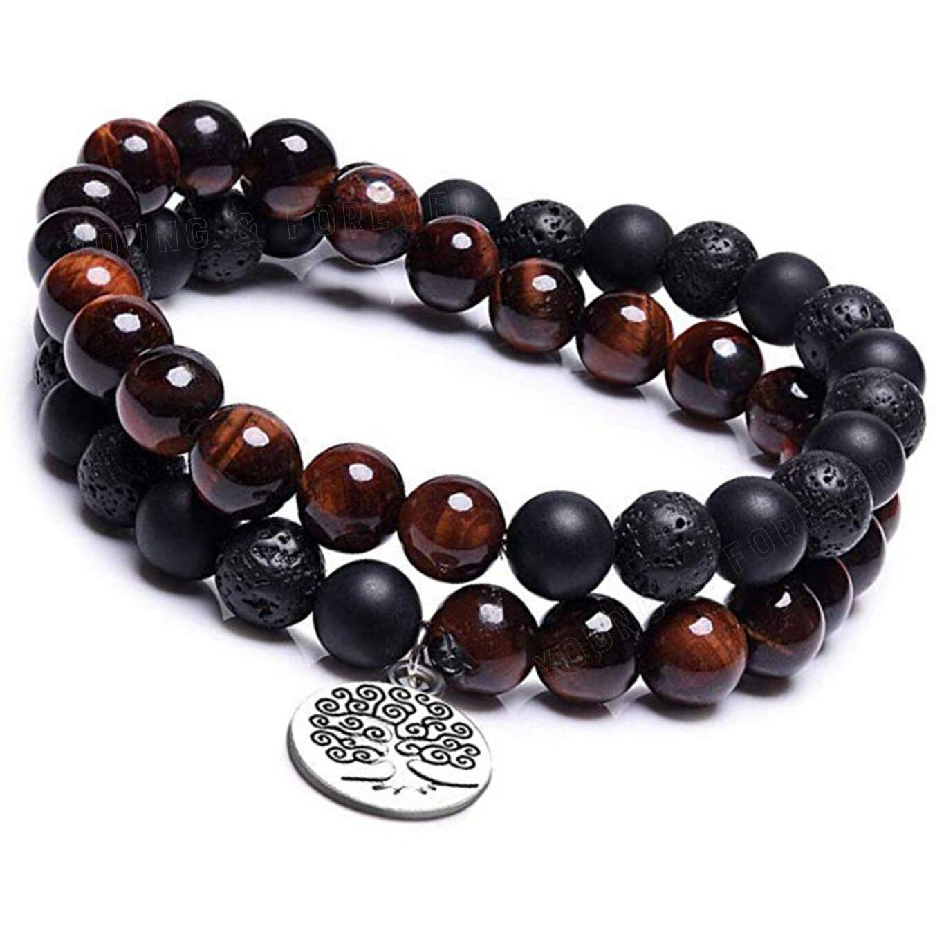 Young & Forever Gift Dvine Spiritual Natural Semi-Precious Red Tiger Eye Onyx and Lava Tree Of Life Charm Hum Reiki Rakhi Bracelet for Men and Women