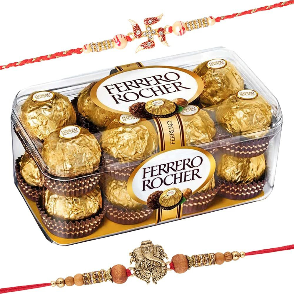 Astonished Retail 16 Pieces Ferrero Rocher with Set of 2 Rakhi | Ferrero Rocher Chocolate for Brother | 16 Pieces Ferrero Rocher Chocolate Rakhi Hamper | 271321