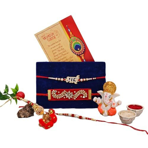 Rakhi Gift for Brother, 4 Rakhi Combo Set for Bhaiya Bhabhi Kids Boy - Rakhis for Rakshabandhan Hamper - Rakhi Gifts for Home Decor/Bhai Rakhi/Lumba Rakhi/Kundan Rakhi/Pearl Rakhi/, Greeting Card