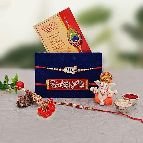 Rakhi Gift for Brother, 4 Rakhi Combo Set for Bhaiya Bhabhi Kids Boy - Rakhis for Rakshabandhan Hamper - Rakhi Gifts for Home Decor/Bhai Rakhi/Lumba Rakhi/Kundan Rakhi/Pearl Rakhi/, Greeting Card