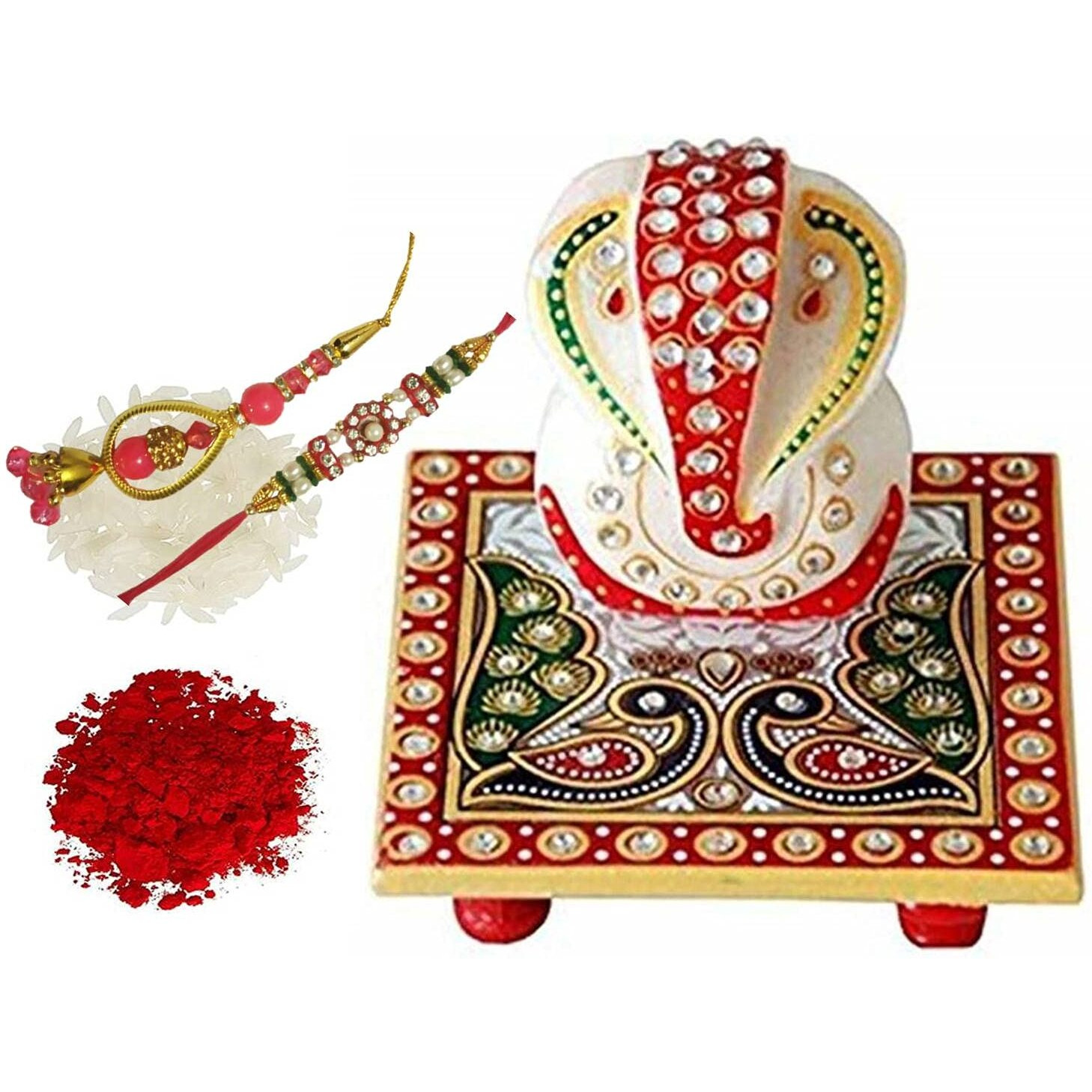 Purpledip Rakhi Hamper for Bhai-Bhabhi Bhai Rakhi Bracelet. Bhabhi Rakhi (Lumba or Latkan), Roli Chawal Tika, Designer Marble Chowki Ganesha (rakhi1c)