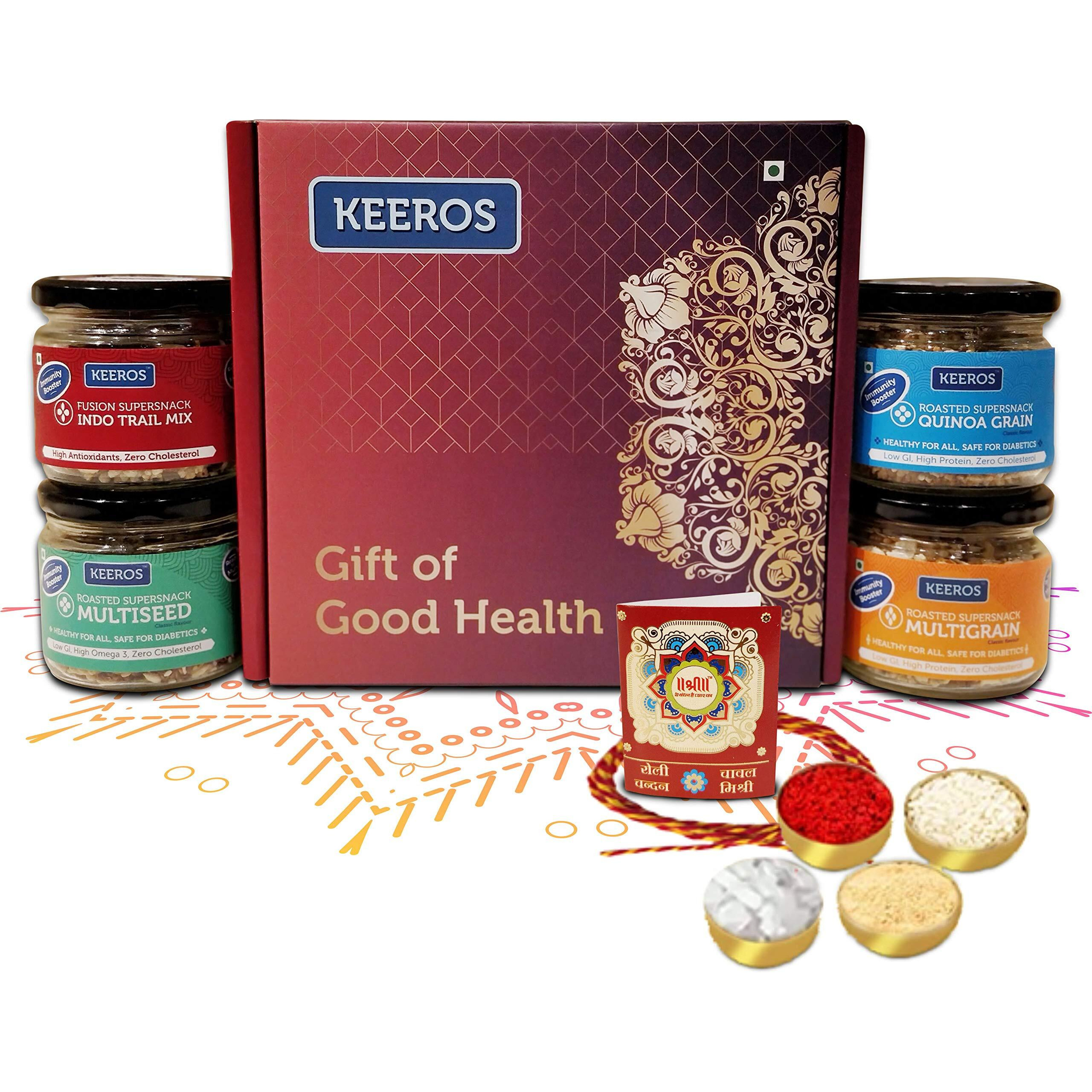 Keeros Healthy Rakhi Gift Hamper for Brother with Roli Chandan Tikka Chawal Mishri | Combo of Sweet & Salted, Tasty & Nutritious Super Snacks in Glass Jars Packed in a Beautiful Gift Hamper